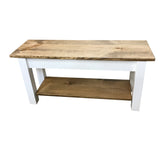 Solid wood farmhouse bench, rustic bench, seating, farmhouse, cabin, lodge seating, entryway bench, mudroom bench, furniture, pine, longleaf pine, all wood, shelf, shoe rack, storage, organization