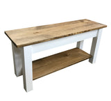 Solid wood farmhouse bench, rustic bench, seating, farmhouse, cabin, lodge seating, entryway bench, mudroom bench, furniture, pine, longleaf pine, all wood, shelf, shoe rack, storage, organization